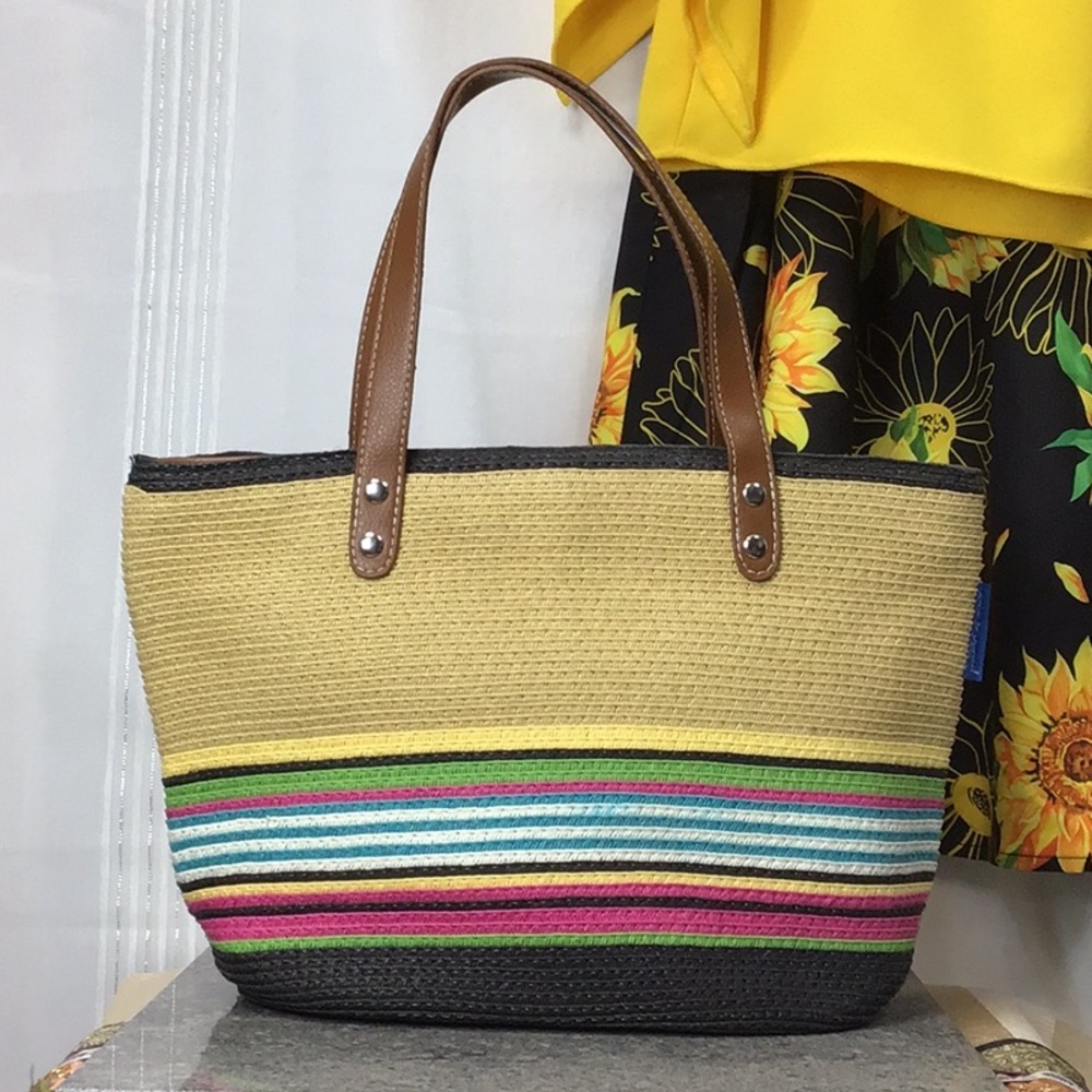🌞 SUN ‘N’ SAND Multi Striped Straw Tote Faux Leather Handles Top Zip